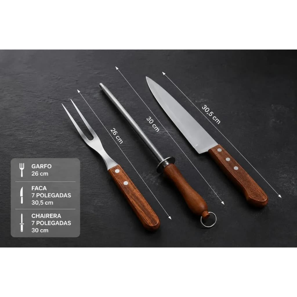 Kit Completo Churrasco 3 Peças Original Line Cabo Wood Inox