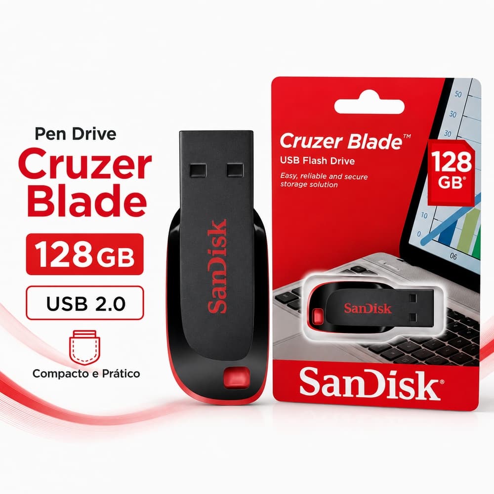 Pen Drive SanDisk Cruzer Blade 128GB USB 2.0 Compacto para Armazenamento e Transferência de Arquivos