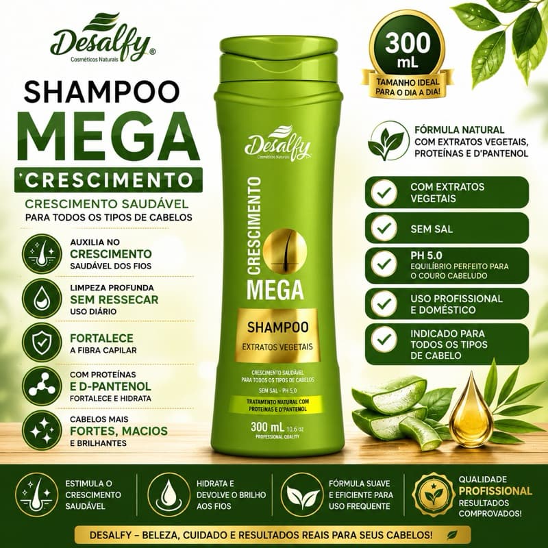 Shampoo Mega Crescimento Desalfy 300ml Extratos Vegetais Sem Sal pH 5.0