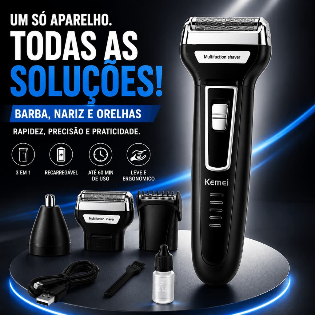 Aparador Barba 3 em 1 Kemei KM6558 Barbeador Máquina Barbear Shaver Nariz Recarregável Sem Fio Bivolt