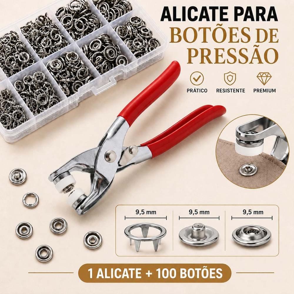Alicate Aplicador Com 100 Botões De Metal De Pressão Para Roupa