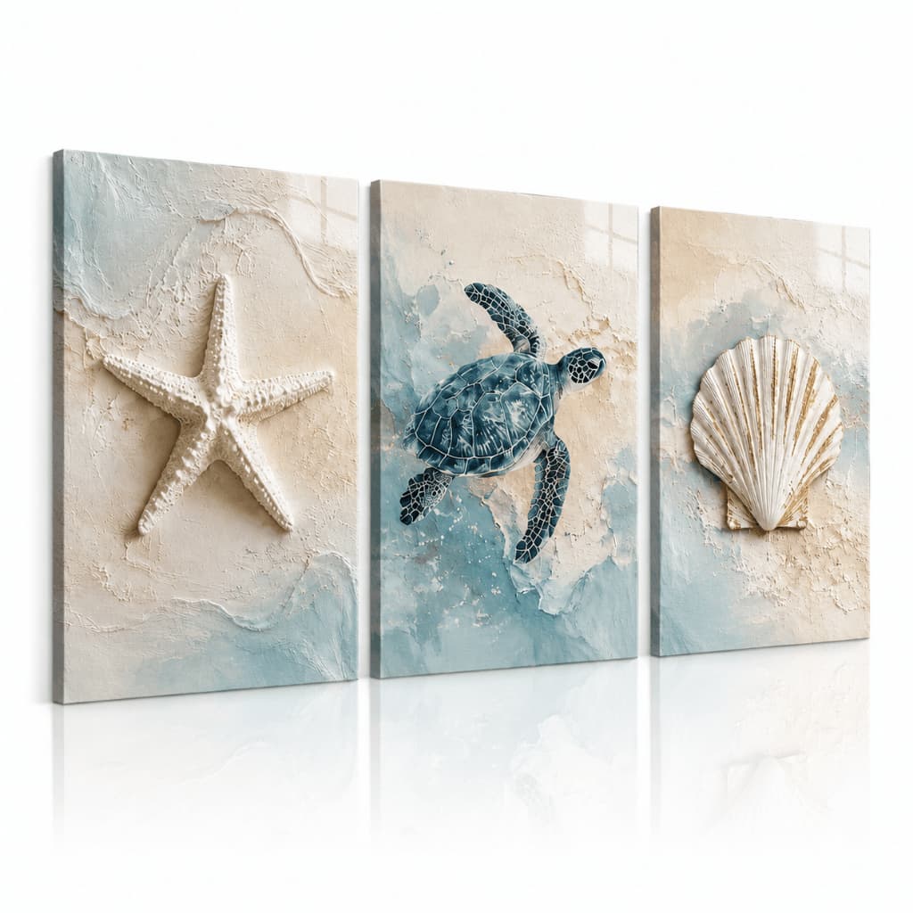 Kit 3 Quadros Decorativos Praia Tartaruga Marinha Concha Estrela do Mar Sala Banheiro Lavabo MDF Premium