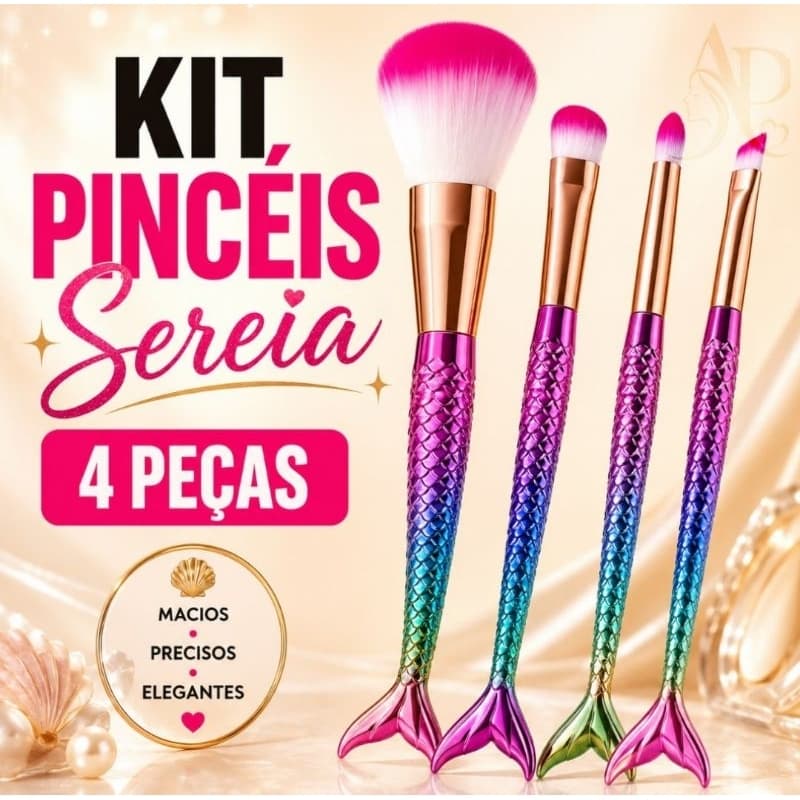 Kit Pincéis de Maquiagem Sereia 4 Peças Profissionais Para Pó Sombra Esfumar Delinear Necessaire