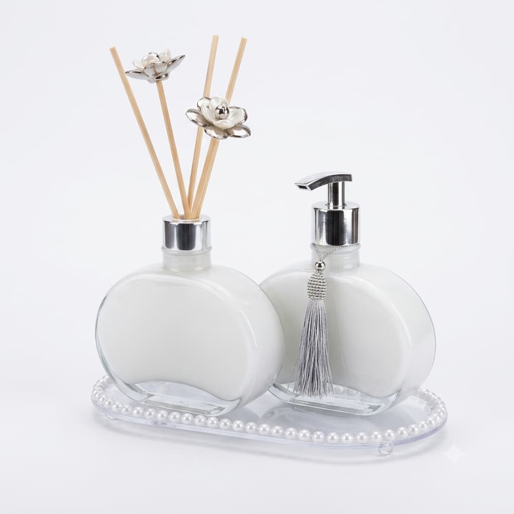 Kit 3 Lavabo Luxo Vidro Saboneteira Difusor Bandeja Vidro Grande e Pequeno Pode ter Leve alteração de cor