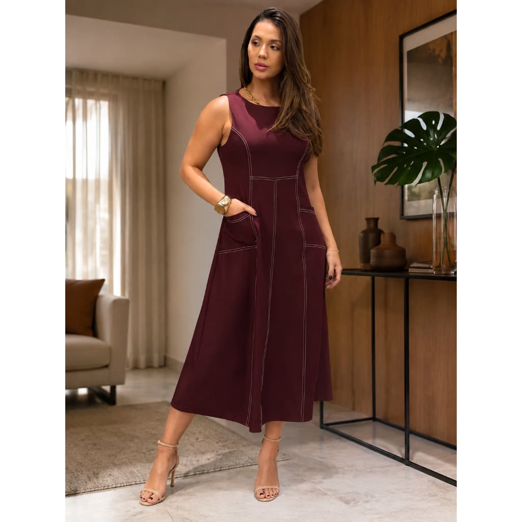 Vestido Feminino Midi Presponto Alfaiataria Com Bolso Alça Larga Elegante Festa Trabalho - Karla