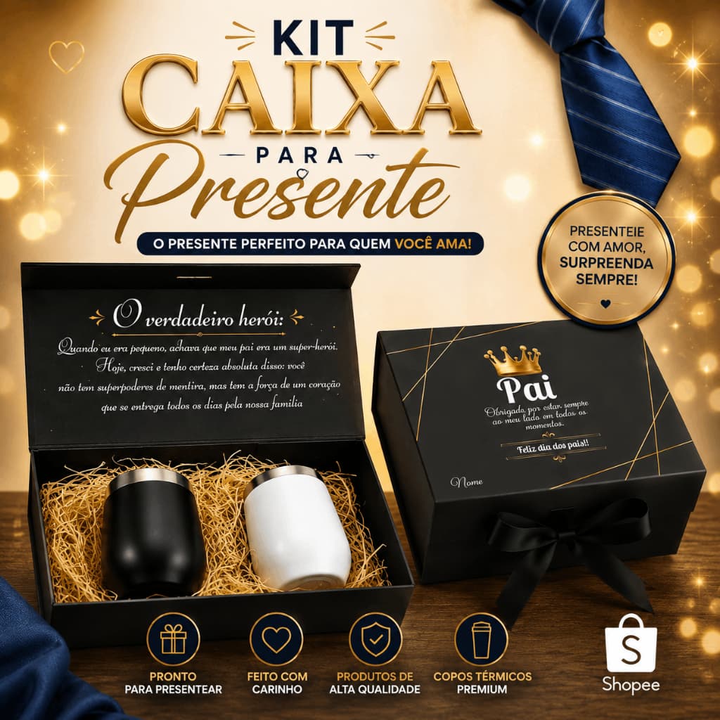 Caixa Para Presente Personalizada - Kit Com 2 Copos Térmicos Personalizados lazer- Dia dos Pais