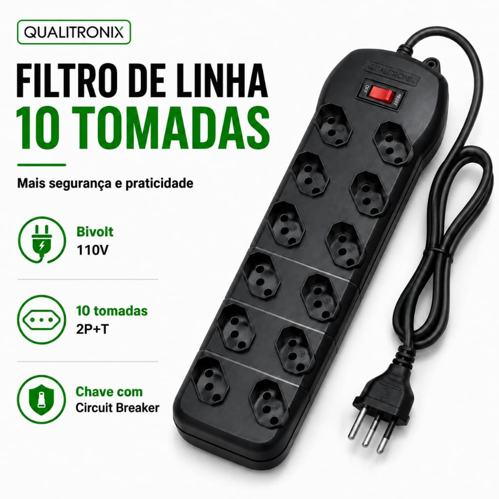 Extensão Filtro de Linha com 10 Tomadas com Circuit Break Cabo de 1,2 metros Qualitronix