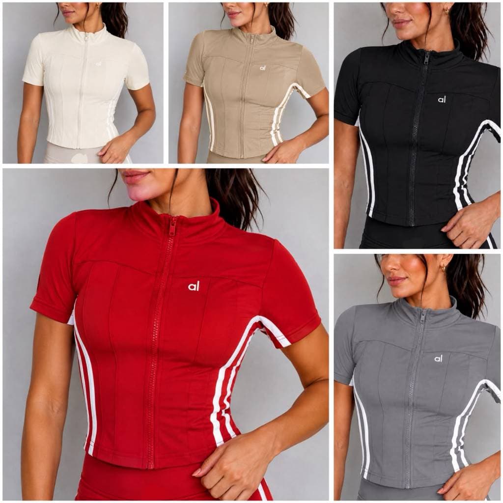 Blusa Fitness Feminina Cropped Com Zíper Manga Curta Gola Alta Academia Treino Estilo Gringo Listras Contrastantes