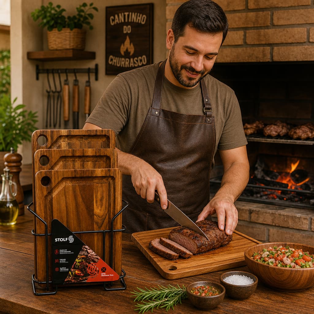 Kit Três Tábuas Madeira Churrasco Com Suporte Metal Gourmet