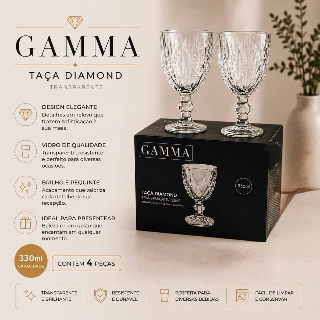 Jogo de 4 Taças Diamond de Vidro 330ml Transparente – Taças para Água, Suco, Vinho e Drinks
