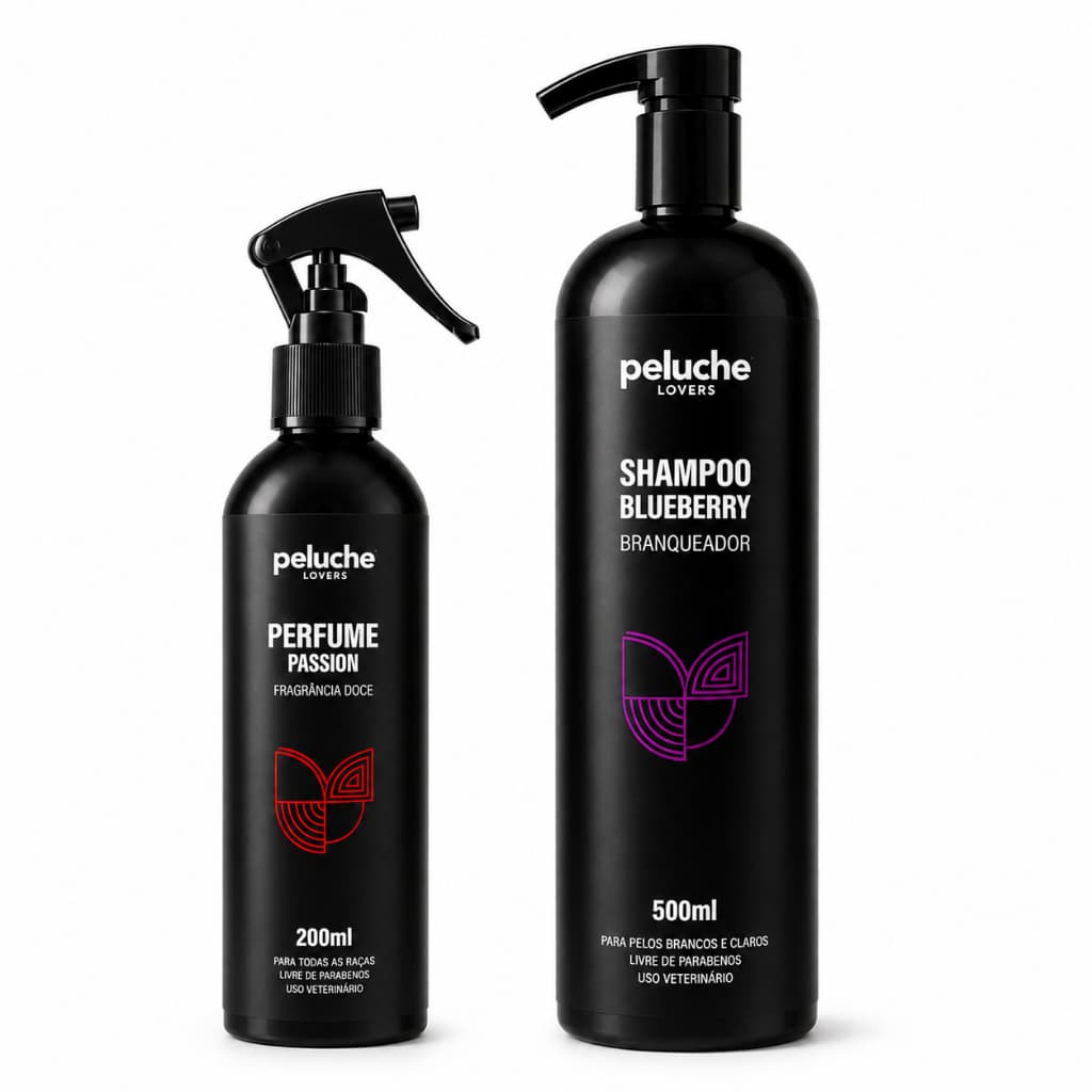 Perfume Passion para Cachorro Shampoo Branqueador Blueberry Peluche Kit Banho Pet Pelos Claros Cães