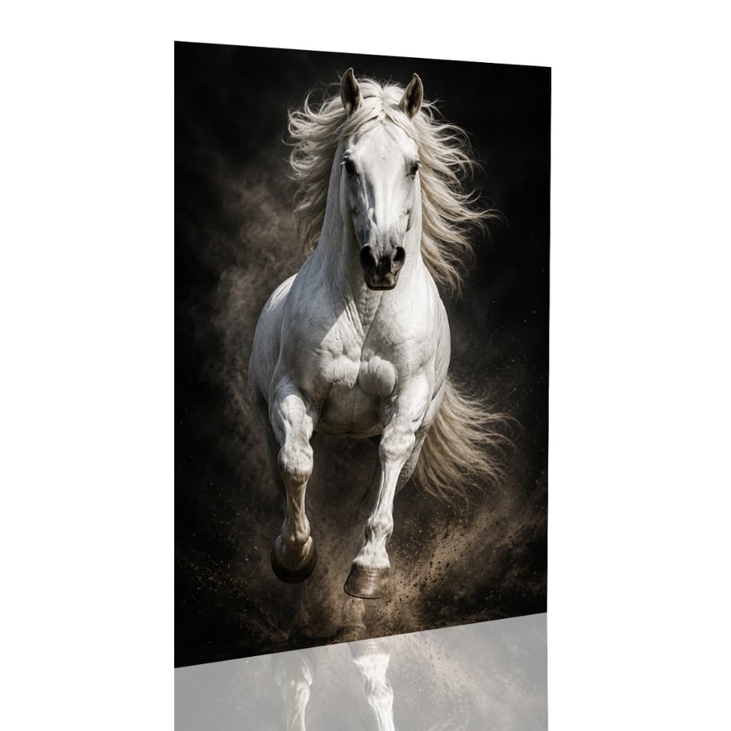 Quadro Decoração Parede Cavalo Branco Correndo Arte Realista Moderna Vertical
