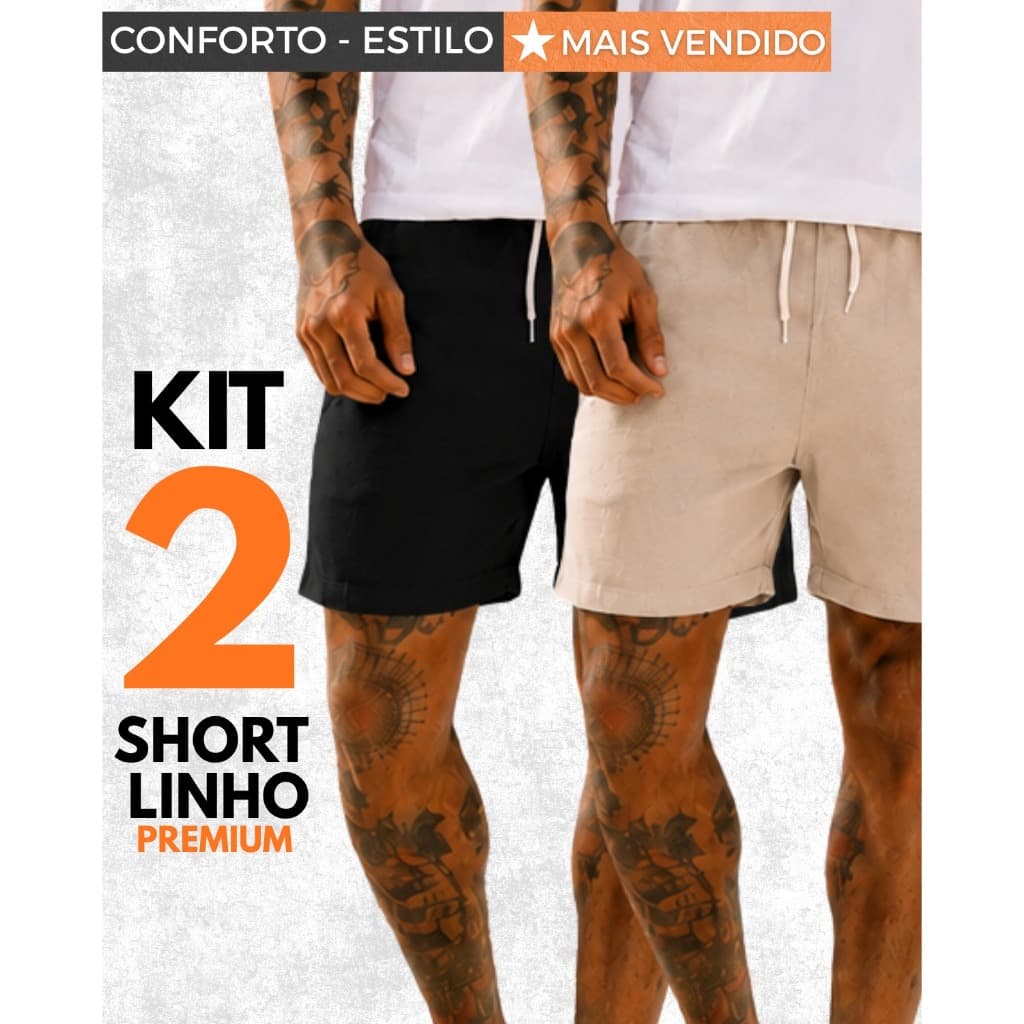 Kit 2 Shorts Linho Bermuda Masculino Casual Praia Bolso