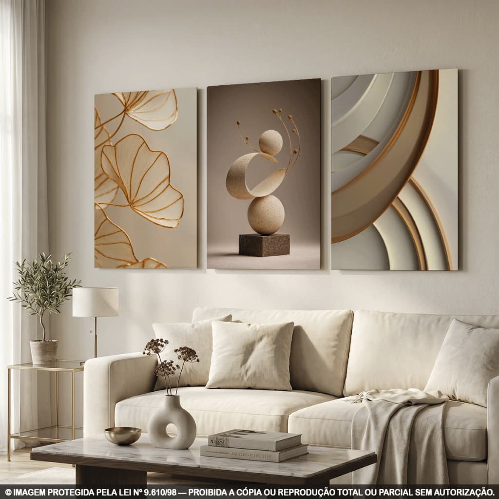 Quadros Decorativos Abstratos Dourado Formas Orgânicas Escultura Moderna Sofisticada Sala