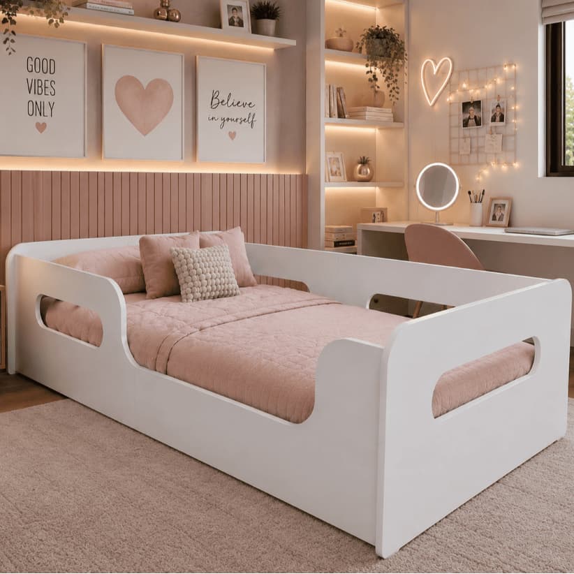 Cama Solteiro Montessoriana Moderna Com Grade De Proteção Encanto Quarto Da Criança Cor Branco