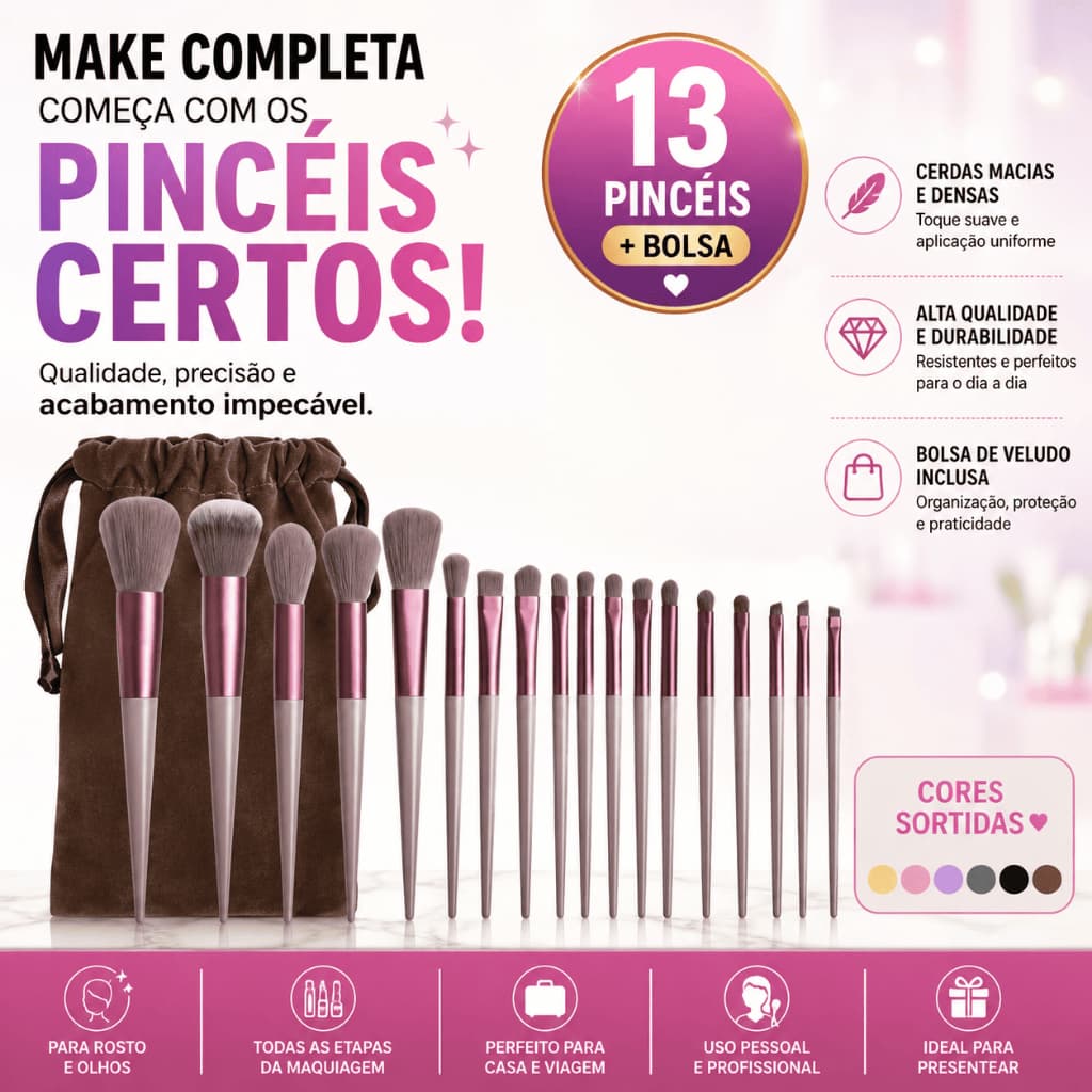 Kit 13 Pincéis de Maquiagem Profissional para Rosto e Olhos com Bolsa Cores Sortidas