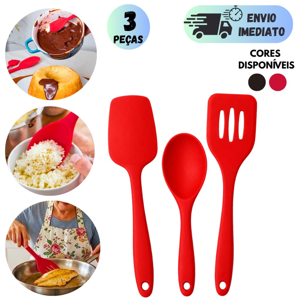 KIT ESPÁTULA MULTIUSO + MINI COLHER DE ARROZ + ESPÁTULA VAZADA SILICONE RESISTENTE AO CALOR