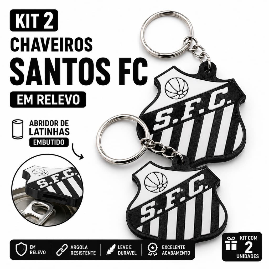 Chaveiro Santos FC! Kit com 2, 5 ou 10 Unidades! Em Relevo com Abridor de Latinhas Embutido!