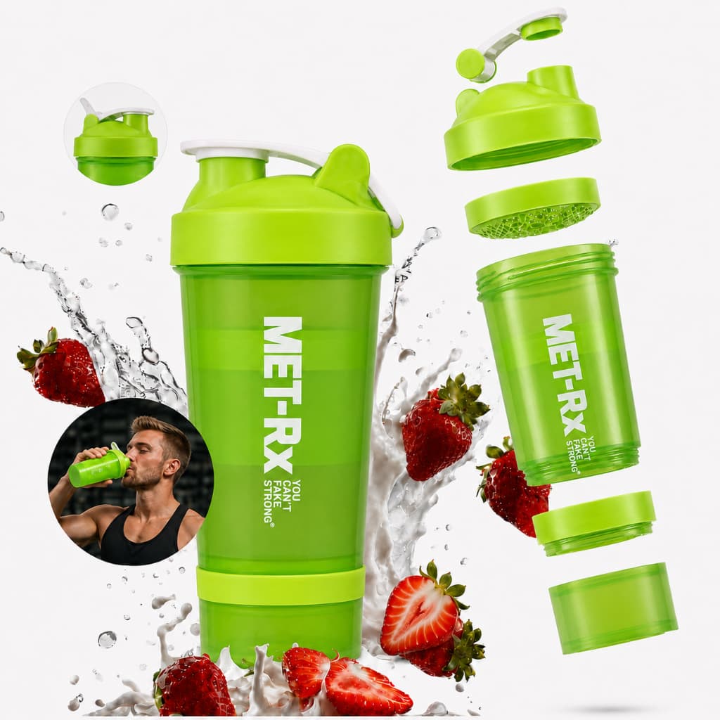 Coqueteleira Shaker Verde 600ml com Porta Suplemento Vedação Antivazamento Fitness Academia
