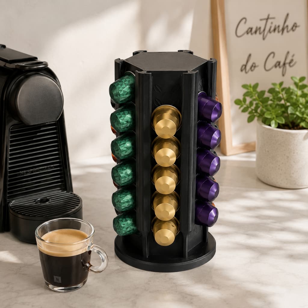 Porta Cápsulas Torre Giratória 36 Cápsulas Compatível Nespresso Preto