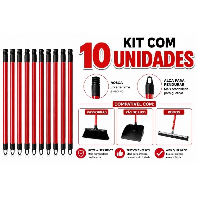 Kit 10 Cabos com Rosca para Vassoura, Rodo e Pá