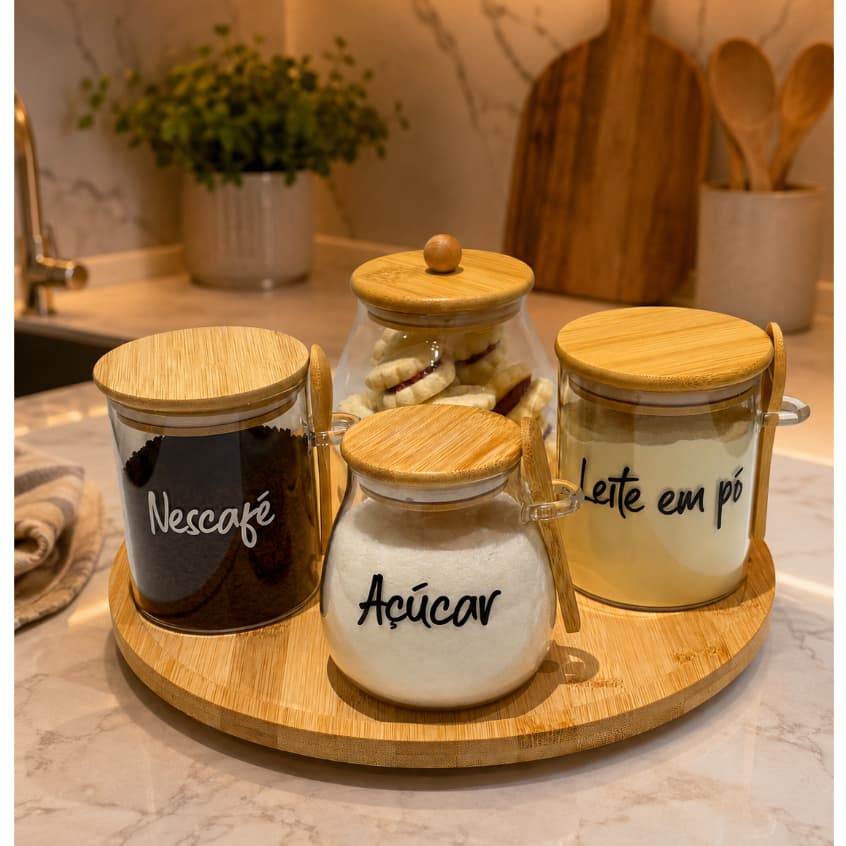 KIT 5 PEÇAS POTES PERSONALIZADOS E BANDEJA GIRATÓRIA DE BAMBU