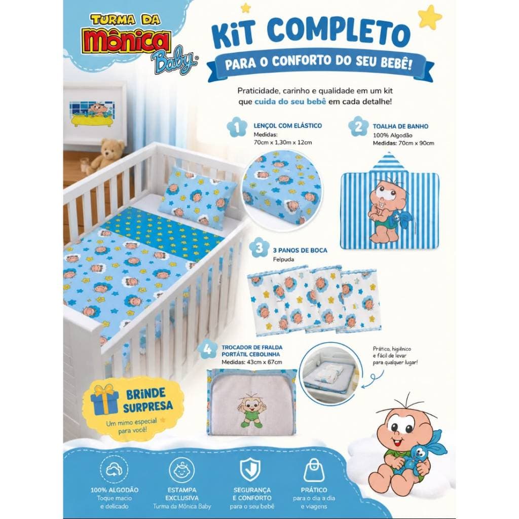 Kit completo turma da Monica Toalha de banho + Lençol de berço + pano de boca + trocador de fraldas portátil
