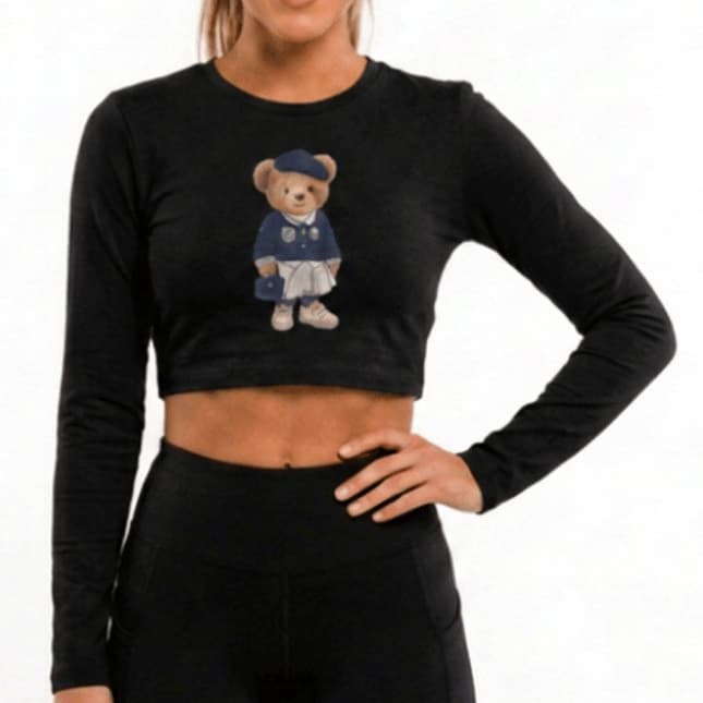 Cropped Feminino Esportivo de Poliamida com Estampa de Urso