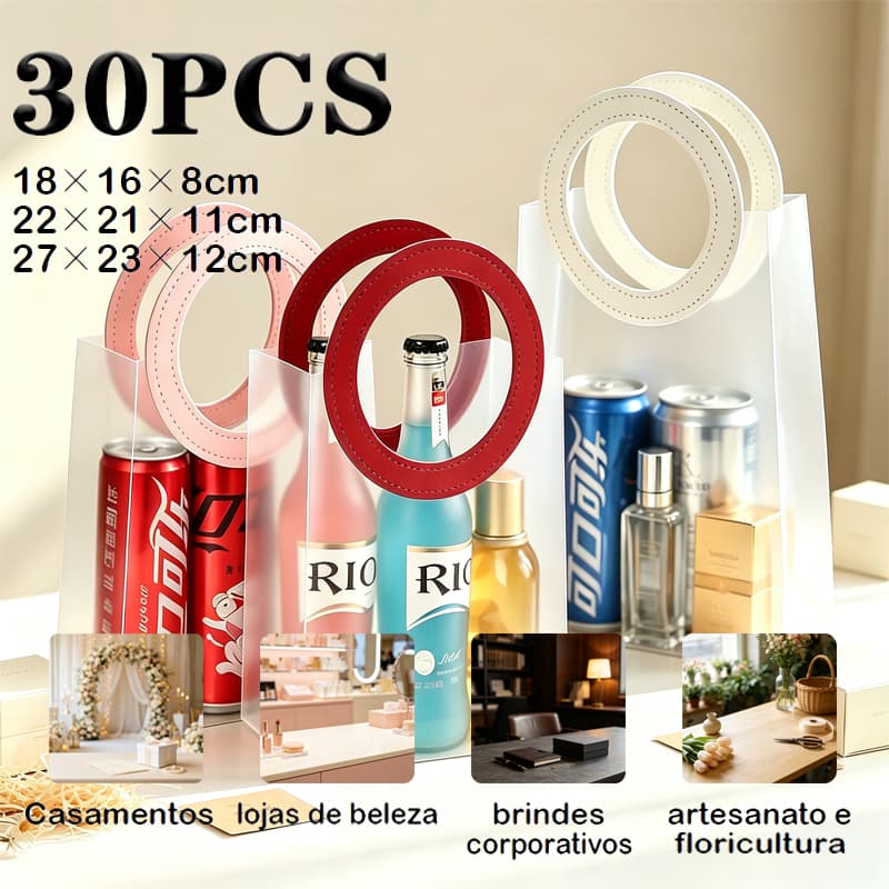 Kit 10 a 30 Bolsa Sacola Transparente Fosca Alça Redonda Praia Piscina Tendência Verão Presente 18x16 cm