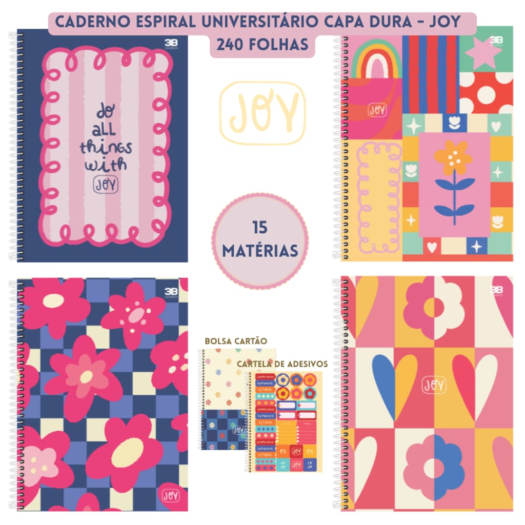 Caderno Espiral Universitário 15 Matérias 240 Folhas Capa Dura Bolsa Cartão+Adesivos Joy 3B Cadernos