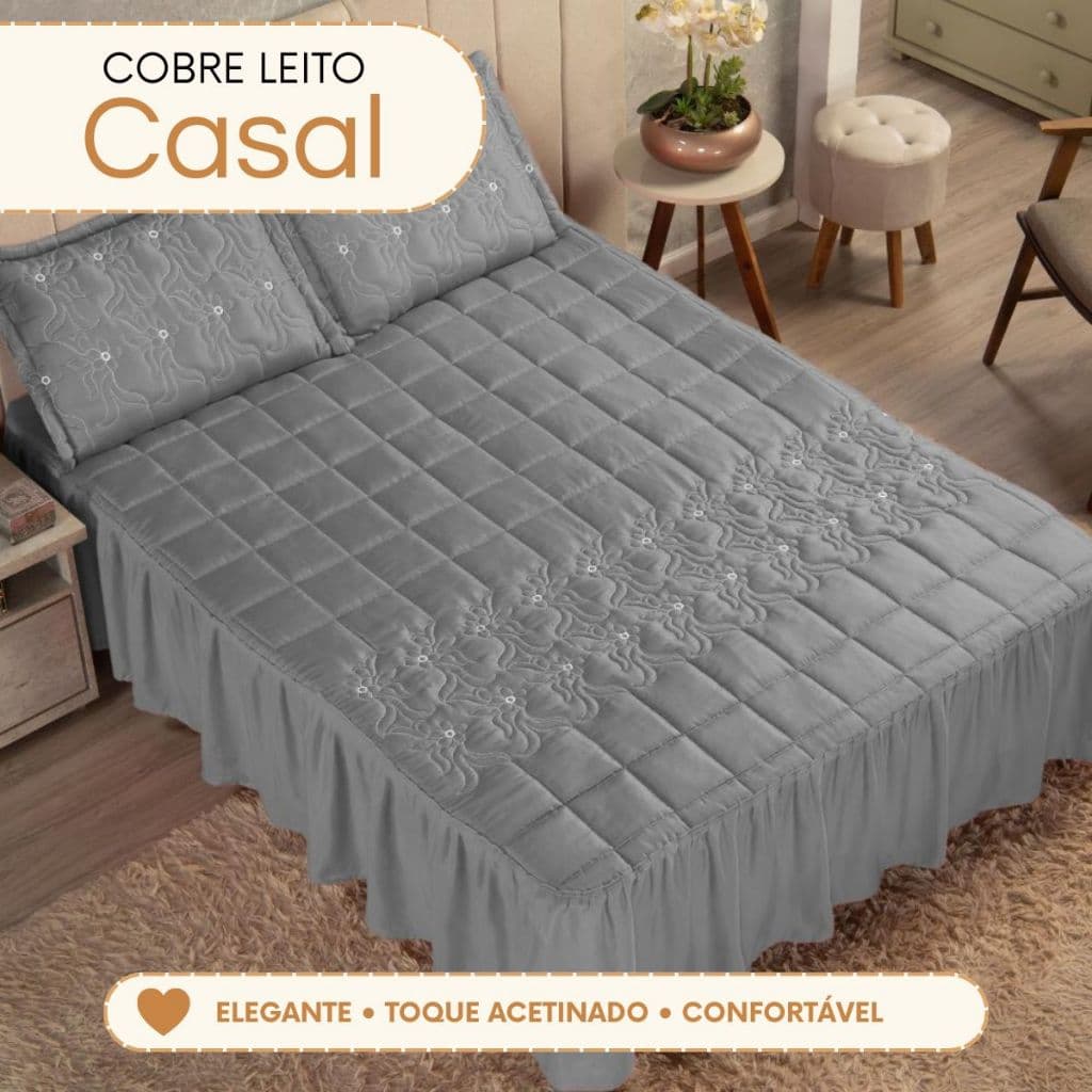 Kit Colcha Cobre Leito Casal 3 Peças com Babado Matelassê Luxo Porta Travesseiros Jogo de Cama