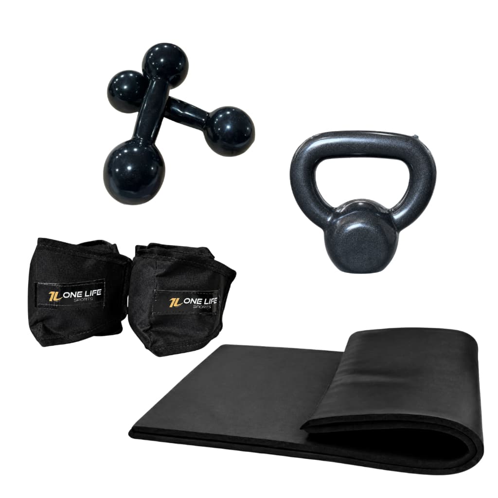 Kit Aeróbico Em Casa Caneleira 3kg Colchonete Preto Halter 2kg Kettlebell Emborrachado 4kg