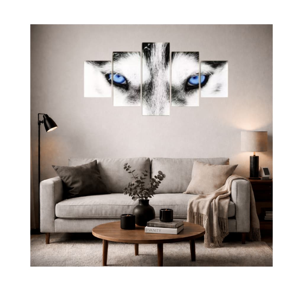 Quadro Decorativo Decoração Sala Kit Com 5 Peças Lobo Branco Branco Olho Azul
