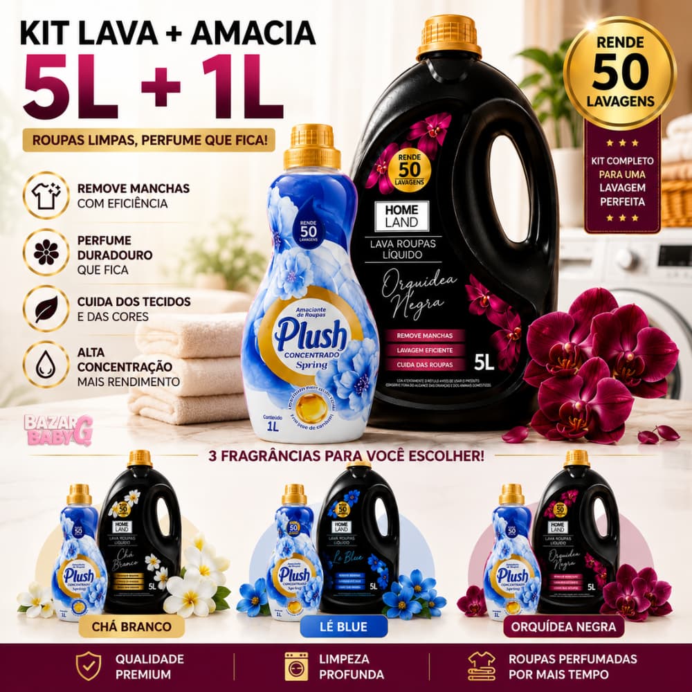Kit Lava Roupas Líquido 5L + Amaciante Concentrado 1L Rende Até 50 Lavagens
