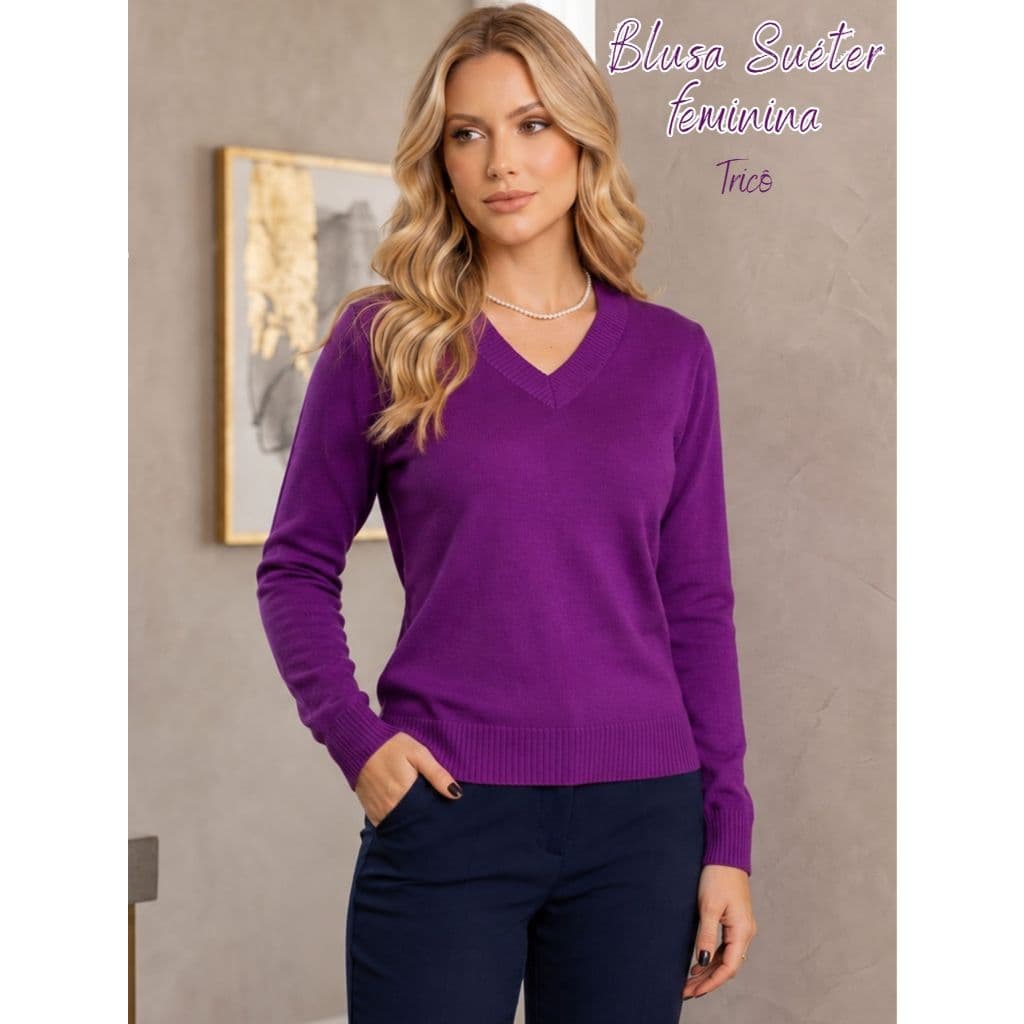 Blusa Suéter Feminina Tricô Modal Manga Longa Gola V Acabamento Canelado Casual Tricot Meia Estação