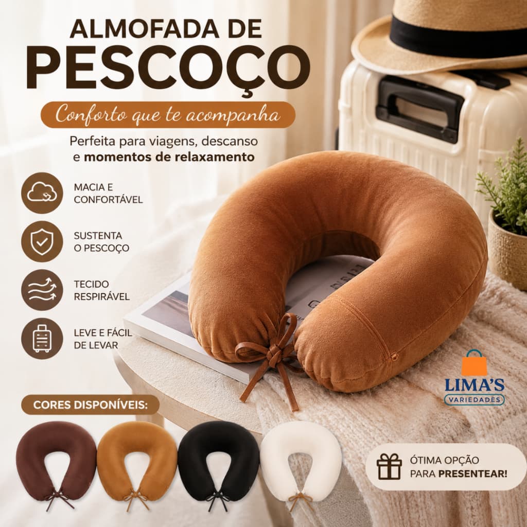 Almofada de Pescoço Anatômica para Viagem em Espuma Macia – Conforto Máximo para Carro, Avião e Descanso