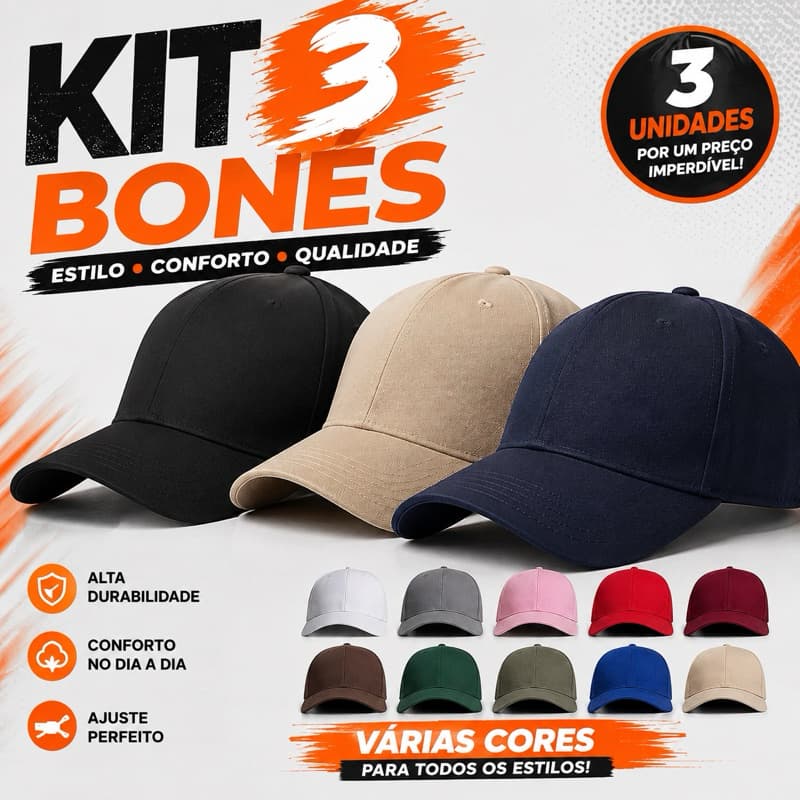 Kit 3 Bonés Liso Básico Adulto Aba Curva Masculino e Feminino Super Leve