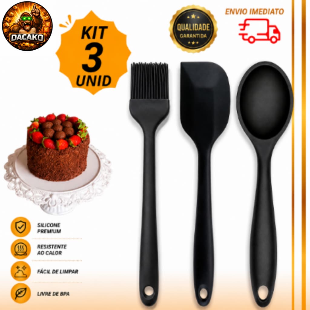 Kit Utensílios Silicone Colher Espátula Reta Pincel Culinário para Cozinha Antiaderente