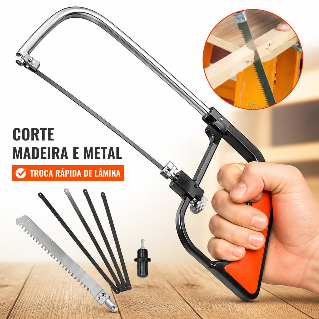 Kit Multifuncional de Serras com Arco Lâmina Diamantada e Serra Tico Tico para Madeira Metal