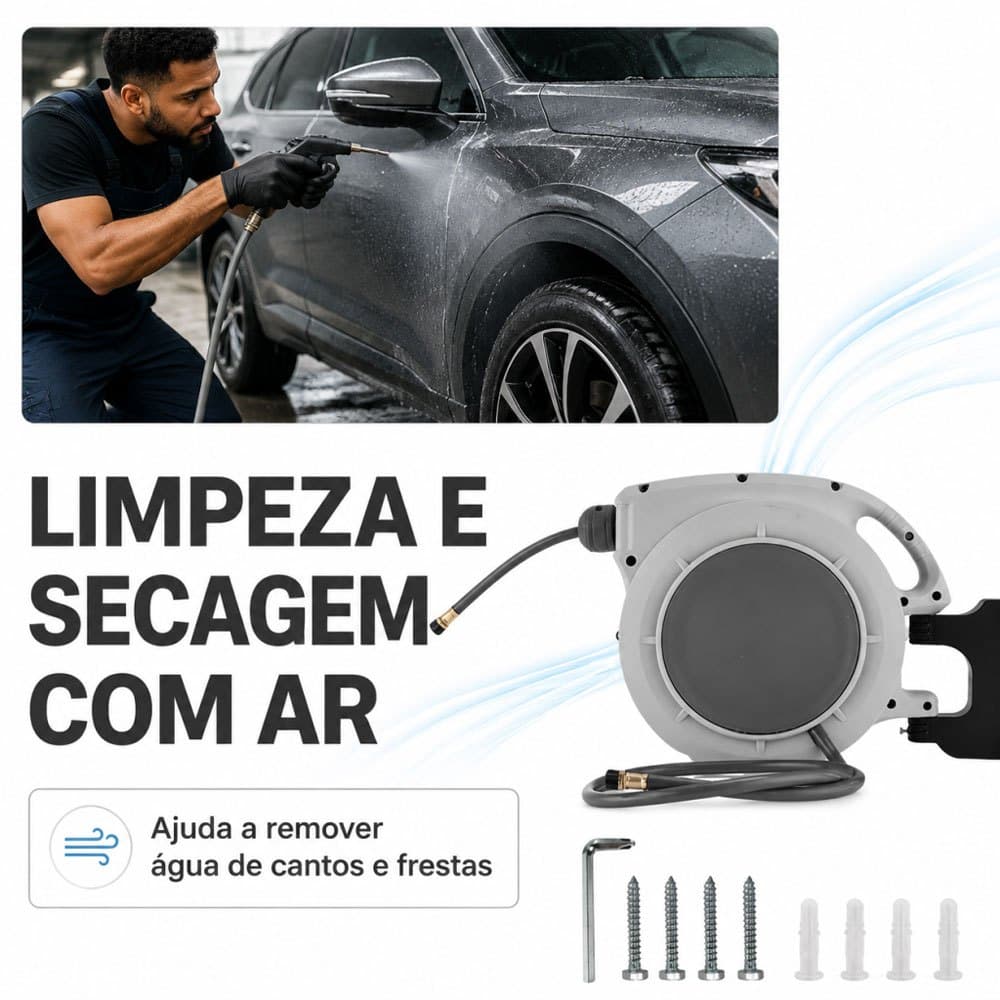 Carretel Retrátil Pneumático 10m com Mangueira 5/16" Enrolamento Automático para Compressor de Ar
