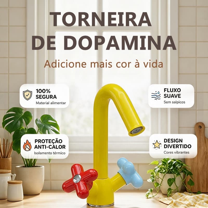 Torneira Dopamina Cozinha Giratória 360° Bica Alta Colorida Fluxo Duplo Corpo de Latão Banheiro Lavanderia
