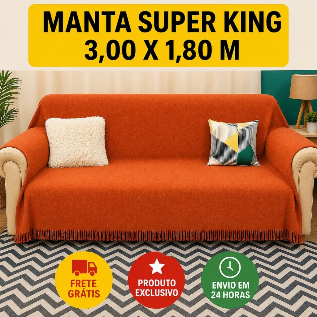 Manta p/ Sofá 3,00 x 1,80 m Artesanal King Size 2 ou 3 Lugares Retrátil Algodão Capa Sofá Peseira