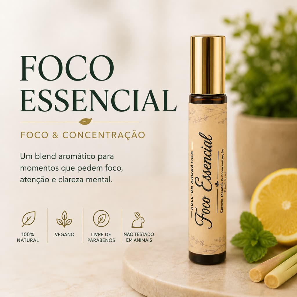 Blend Roll-On Foco Concentração & Clareza I Aromaterapia 10ml Óleos Essenciais Vetiver Hortelã-Pimenta Limão Lemongrass