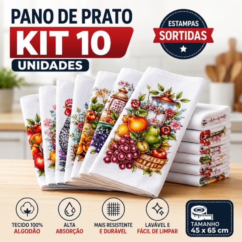 Pano de Prato Pé de Galinha 100% Algodão | Kit 2 a 10 Unidades | Estampas Sortidas
