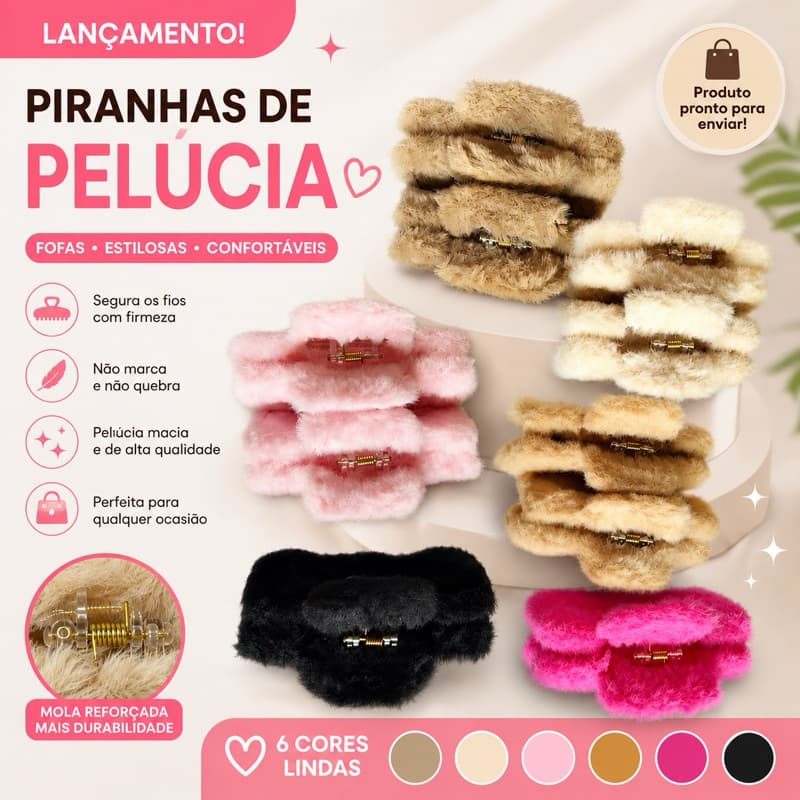 Piranha para cabelo de Pelúcia, grande, com detalhes