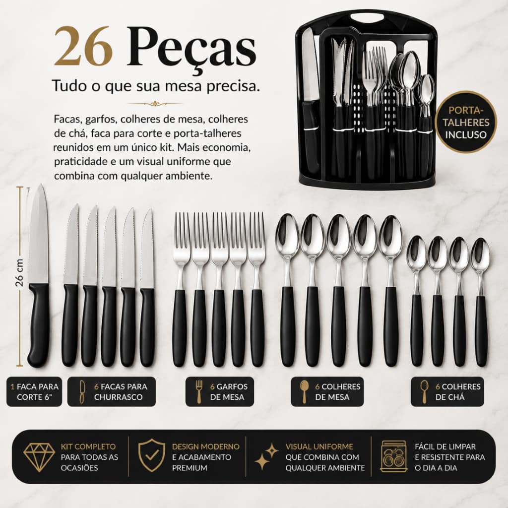 🔥 Promoção Jogo De Talheres Caprese 26 Peças Aço Inox Preto