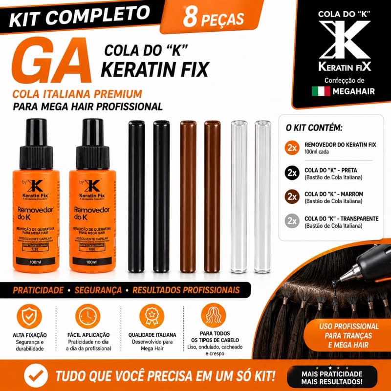 Kit Keratin Fix Mega Hair 8 Peças 2 Removedores + 6 Bastões Cola do K Preta Marrom Transparente Profissional