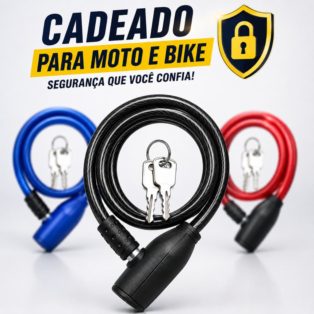 Cadeado para Moto e Bike Antifurto em Aço Reforçado com Cabo Corrente Trava Segurança Chaves Capacete Portão