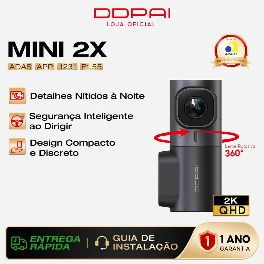 Câmera Veicular DDPAI Mini 2X 2K QHD AI-ISP 2.0  Visão Noturna  APP ADAS Lente Rotativa 360°