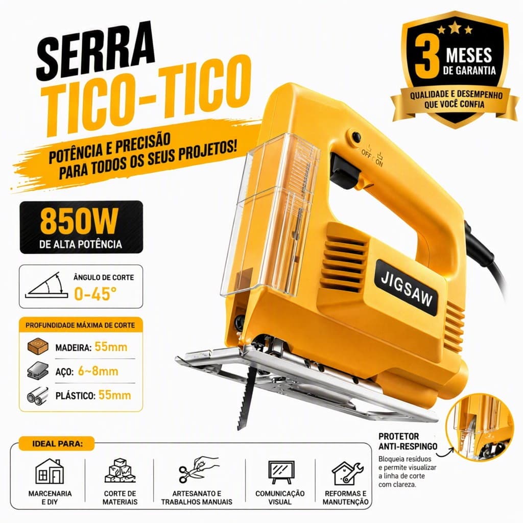 Serra Tico Tico 850W Profissional com Proteção Transparente Corte Inclinado 45° e Trava de Segurança